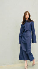 ENESA The Kendall Midi Skirt denim front view on model